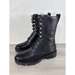 Frye Women Oliva Black Leather Lace-up Zip Lug Combat Boots Size 8
